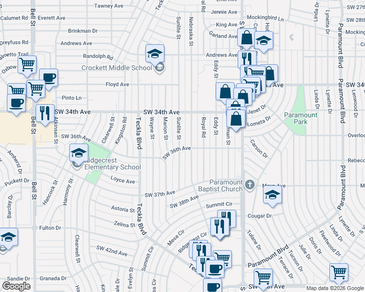 map of restaurants, bars, coffee shops, grocery stores, and more near 4601-4699 Southwest 36th Avenue in Amarillo
