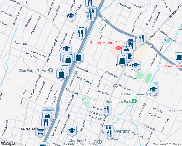 map of restaurants, bars, coffee shops, grocery stores, and more near 543 20th Street Northwest in Cleveland