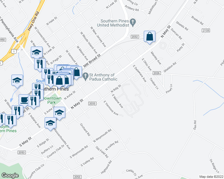 map of restaurants, bars, coffee shops, grocery stores, and more near 375 East Maine Avenue in Southern Pines