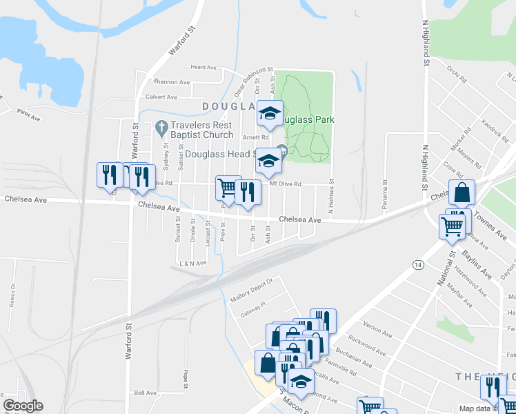 map of restaurants, bars, coffee shops, grocery stores, and more near 1520 Orr Street in Memphis