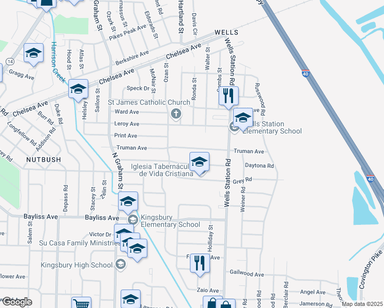 map of restaurants, bars, coffee shops, grocery stores, and more near 4225 Truman Road in Memphis