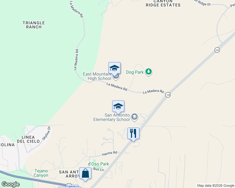 map of restaurants, bars, coffee shops, grocery stores, and more near 42 La Madera Road in Sandia Park