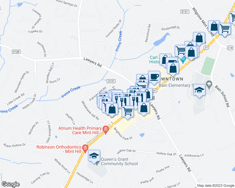 map of restaurants, bars, coffee shops, grocery stores, and more near 3365 Coventry Commons Drive in Mint Hill