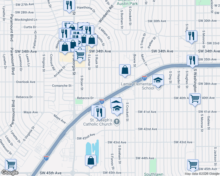 map of restaurants, bars, coffee shops, grocery stores, and more near 3626 South Milam Street in Amarillo