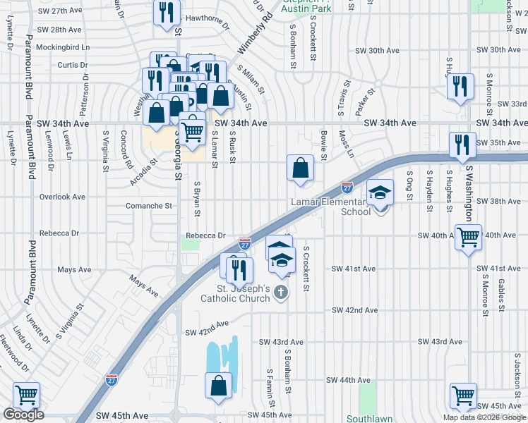 map of restaurants, bars, coffee shops, grocery stores, and more near 3626 South Milam Street in Amarillo
