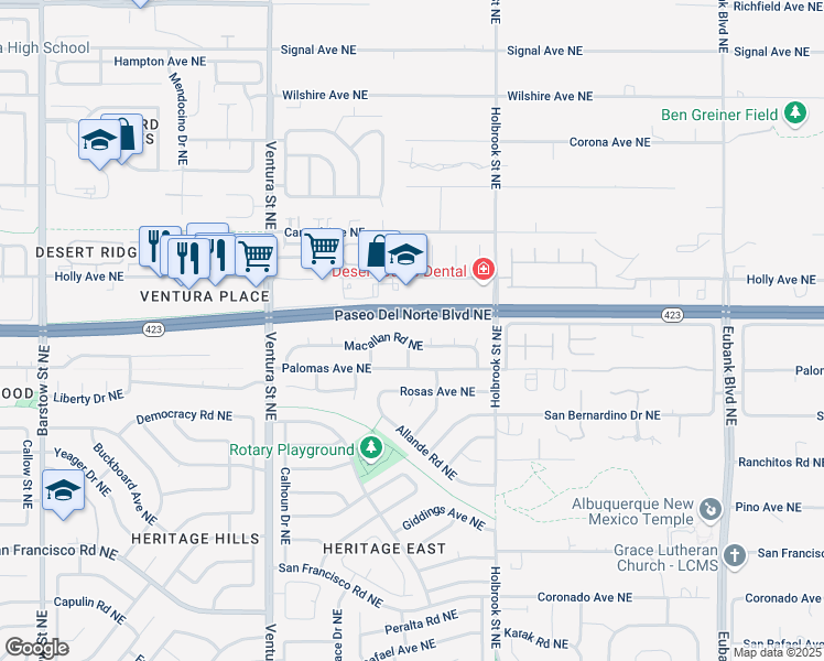 map of restaurants, bars, coffee shops, grocery stores, and more near 9516 Macallan Road Northeast in Albuquerque