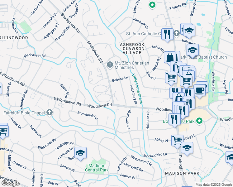map of restaurants, bars, coffee shops, grocery stores, and more near 1221 Scaleybark Road in Charlotte
