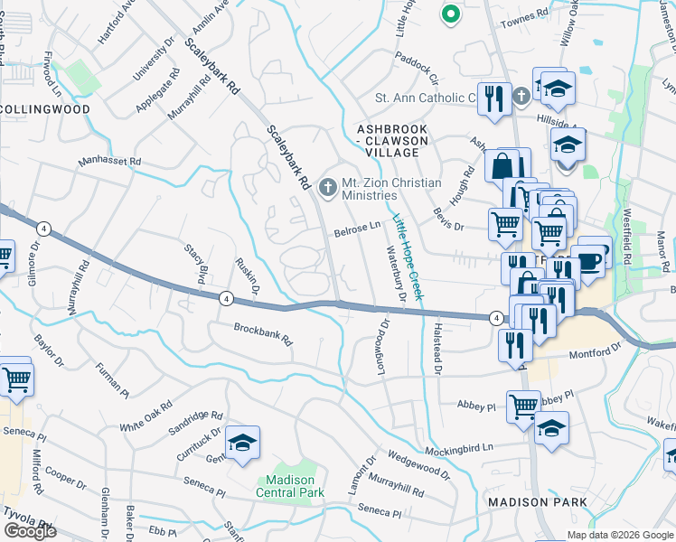 map of restaurants, bars, coffee shops, grocery stores, and more near 1221 Scaleybark Road in Charlotte