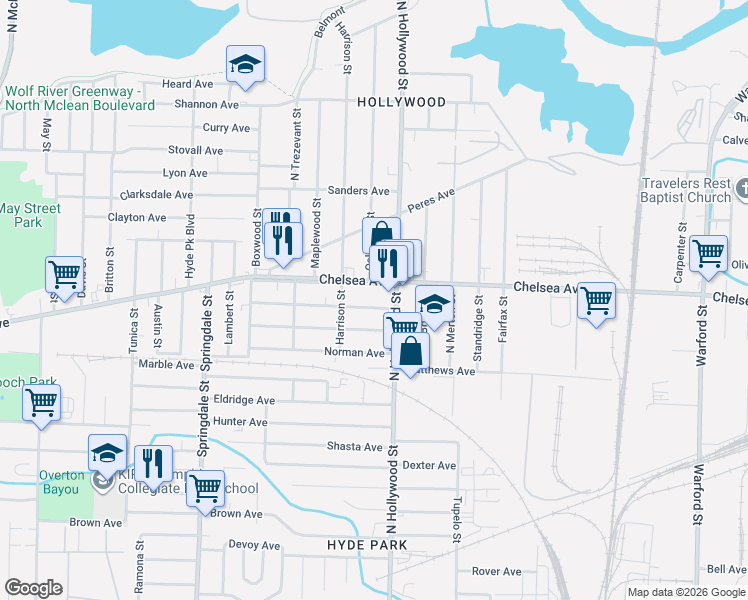 map of restaurants, bars, coffee shops, grocery stores, and more near 2431 Hubbard Avenue in Memphis