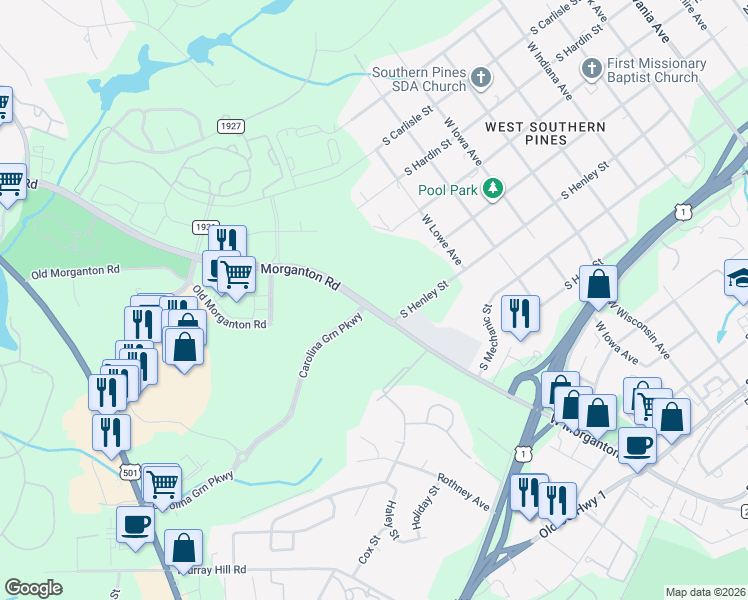 map of restaurants, bars, coffee shops, grocery stores, and more near 2482-2496 West Morganton Road in Southern Pines
