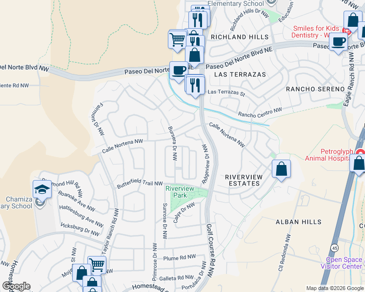 map of restaurants, bars, coffee shops, grocery stores, and more near Cattleya Rd NW in Albuquerque