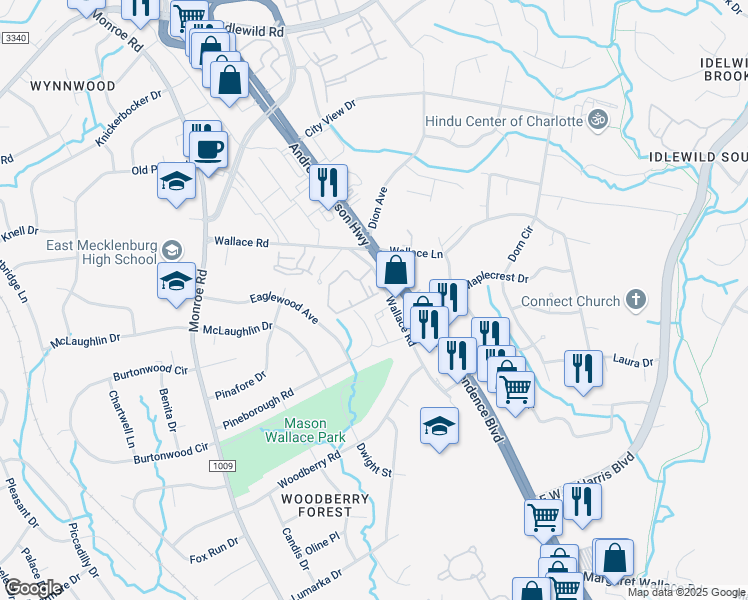 map of restaurants, bars, coffee shops, grocery stores, and more near 7316 Wallace Road in Charlotte