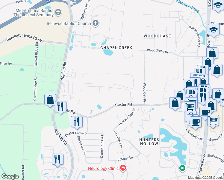 map of restaurants, bars, coffee shops, grocery stores, and more near 1766 Chapel Creek Cove in Memphis