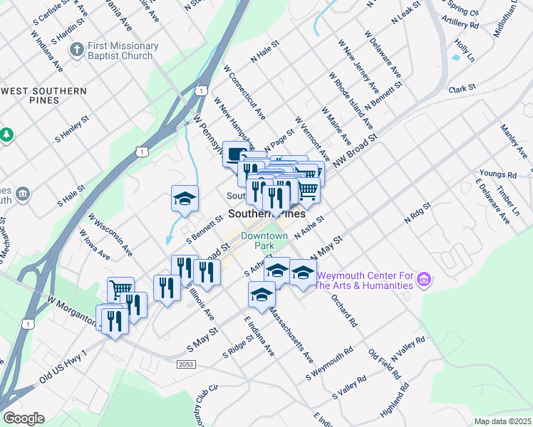 map of restaurants, bars, coffee shops, grocery stores, and more near 120 West Pennsylvania Avenue in Southern Pines