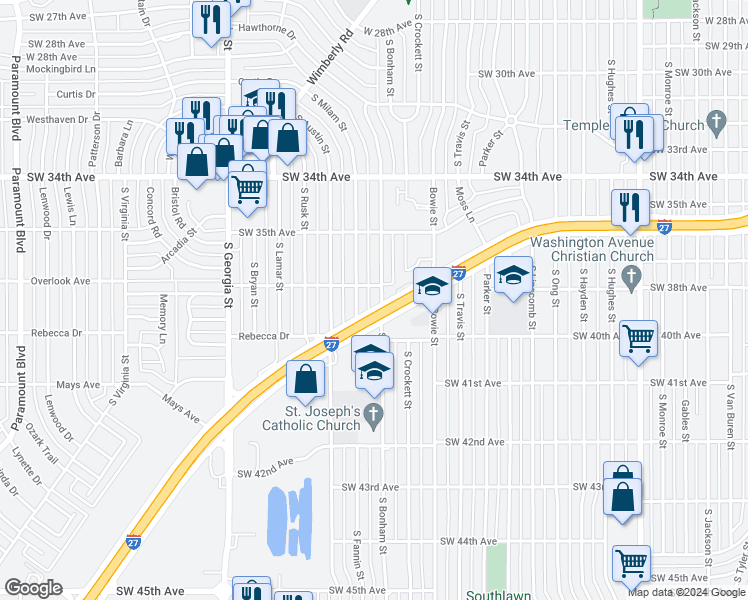 map of restaurants, bars, coffee shops, grocery stores, and more near 3614 Hawthorne Drive in Amarillo