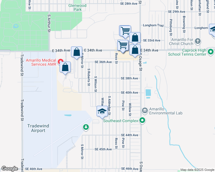 map of restaurants, bars, coffee shops, grocery stores, and more near 3810 South Aldredge Street in Amarillo