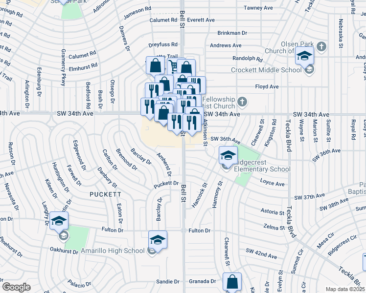 map of restaurants, bars, coffee shops, grocery stores, and more near 3508 Bell Street in Amarillo