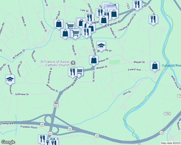 map of restaurants, bars, coffee shops, grocery stores, and more near 123 Wayah Street in Franklin