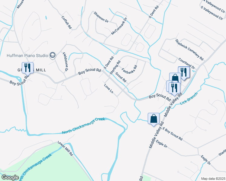 map of restaurants, bars, coffee shops, grocery stores, and more near 6922 Love Lane in Middle Valley