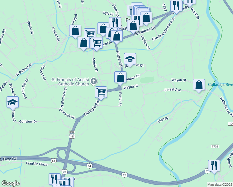 map of restaurants, bars, coffee shops, grocery stores, and more near 123 Wayah Street in Franklin
