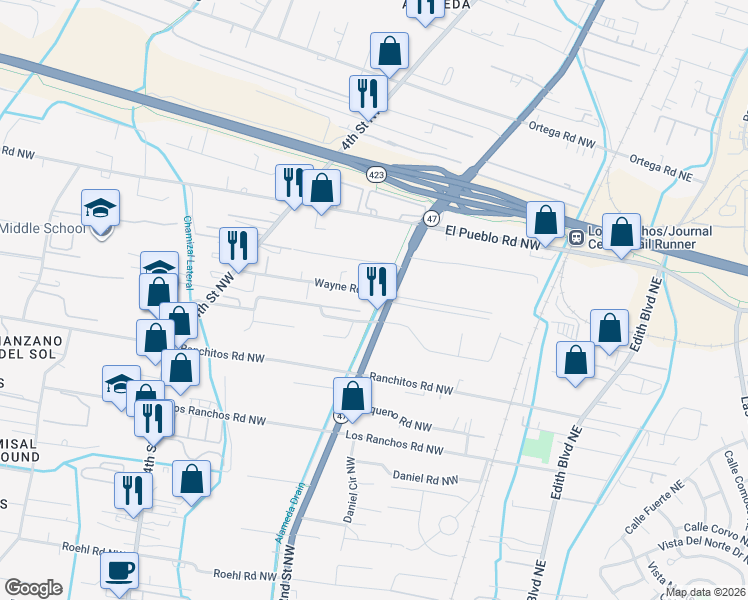 map of restaurants, bars, coffee shops, grocery stores, and more near 201 Horton Lane Northwest in Albuquerque