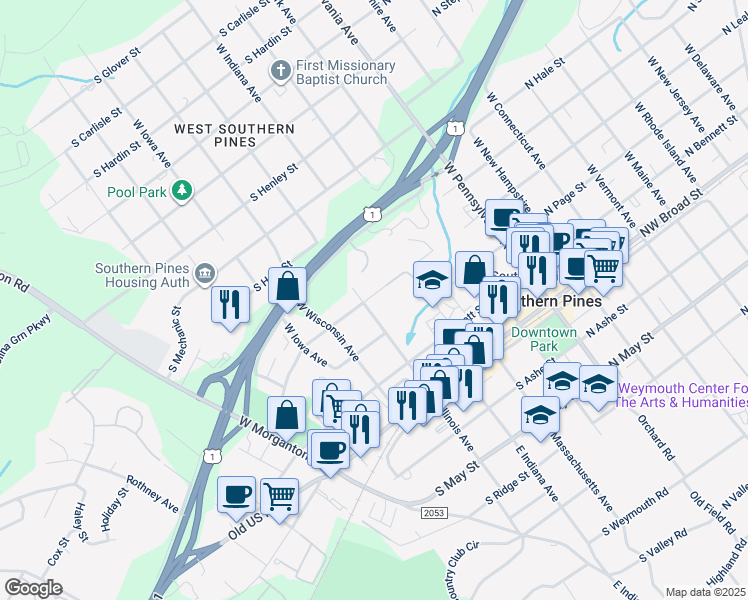 map of restaurants, bars, coffee shops, grocery stores, and more near 365 West Illinois Avenue in Southern Pines