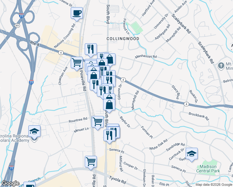 map of restaurants, bars, coffee shops, grocery stores, and more near 4805 Gilmore Drive in Charlotte