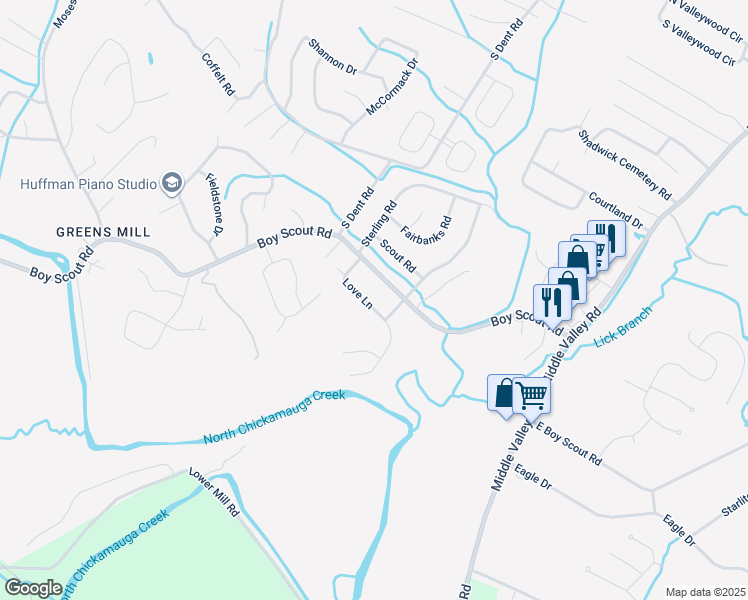 map of restaurants, bars, coffee shops, grocery stores, and more near 6922 Love Lane in Middle Valley