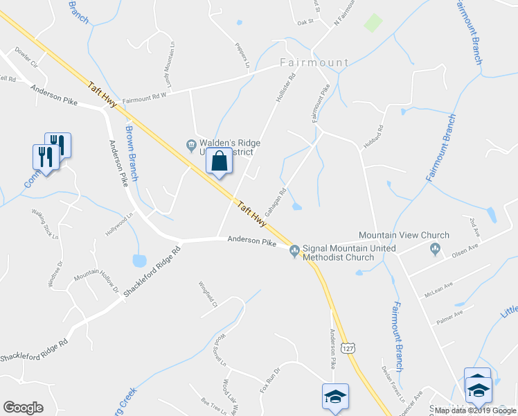 map of restaurants, bars, coffee shops, grocery stores, and more near 3607 Taft Highway in Signal Mountain