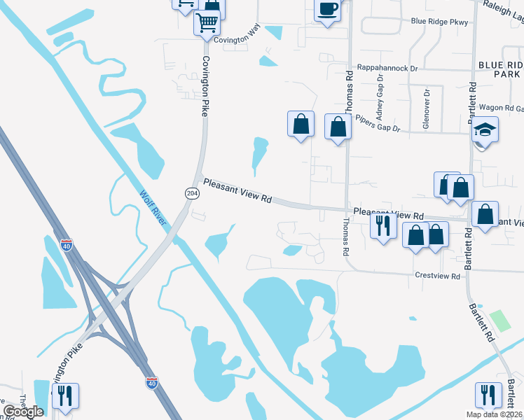 map of restaurants, bars, coffee shops, grocery stores, and more near 5101 Pleasant View Road in Memphis