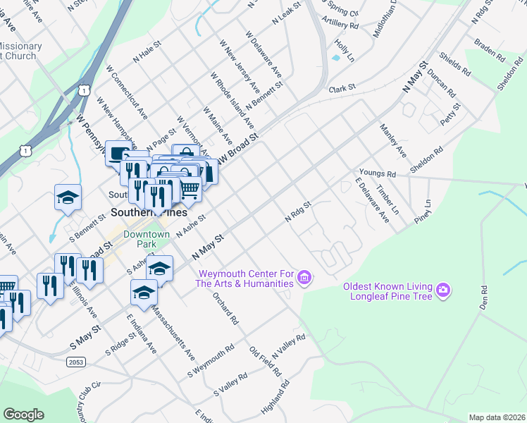 map of restaurants, bars, coffee shops, grocery stores, and more near 350 East Vermont Avenue in Southern Pines