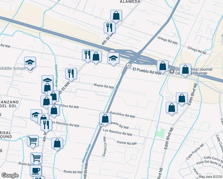 map of restaurants, bars, coffee shops, grocery stores, and more near 201 Horton Lane Northwest in Albuquerque