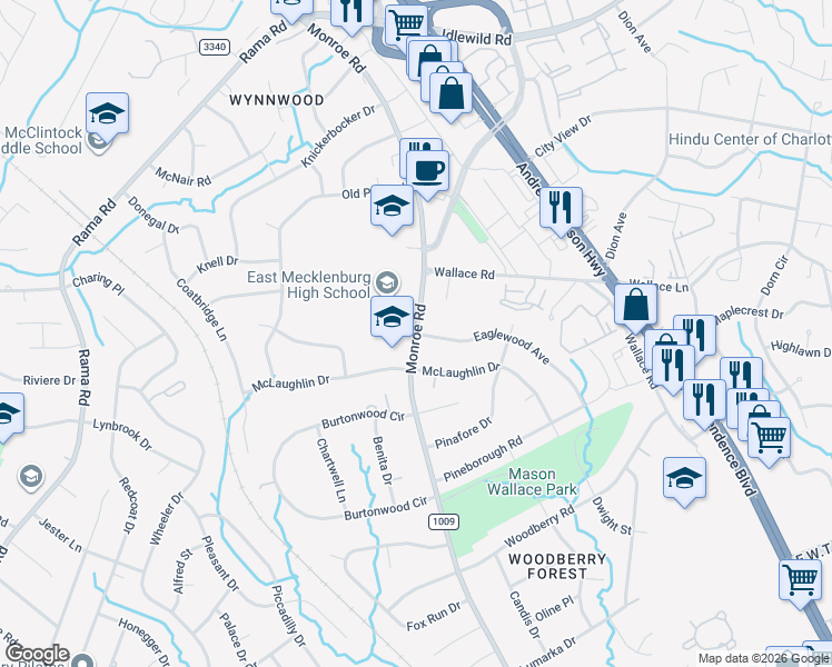 map of restaurants, bars, coffee shops, grocery stores, and more near Monroe Rd & Eaglewood Ave in Charlotte