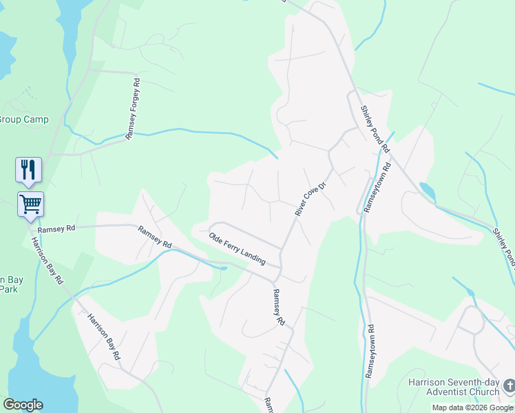 map of restaurants, bars, coffee shops, grocery stores, and more near 6520 Rolling River Road in Harrison