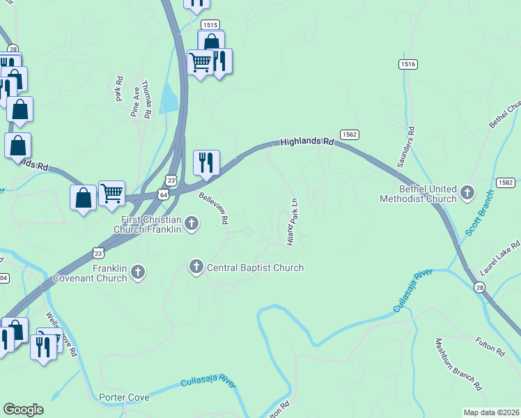 map of restaurants, bars, coffee shops, grocery stores, and more near 79 Twin Hills Road in Franklin