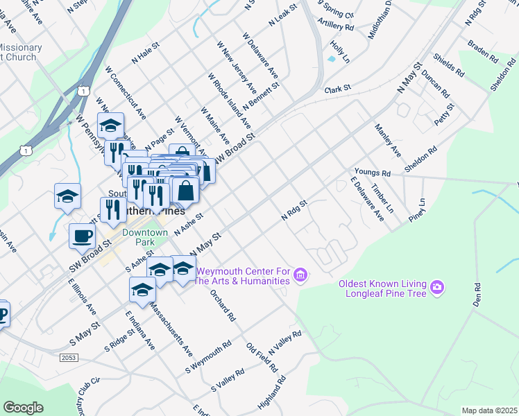 map of restaurants, bars, coffee shops, grocery stores, and more near 350 East Vermont Avenue in Southern Pines