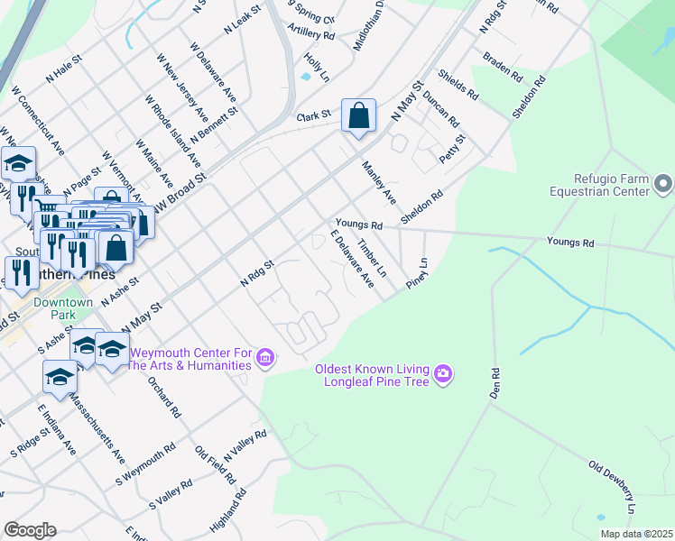 map of restaurants, bars, coffee shops, grocery stores, and more near 70 West Shibui Avenue in Southern Pines