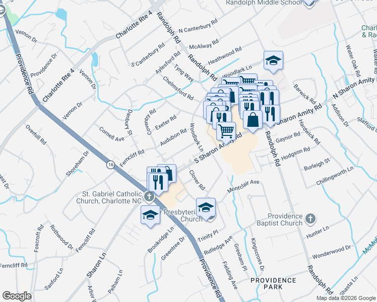 map of restaurants, bars, coffee shops, grocery stores, and more near 1321 Ferncliff Road in Charlotte
