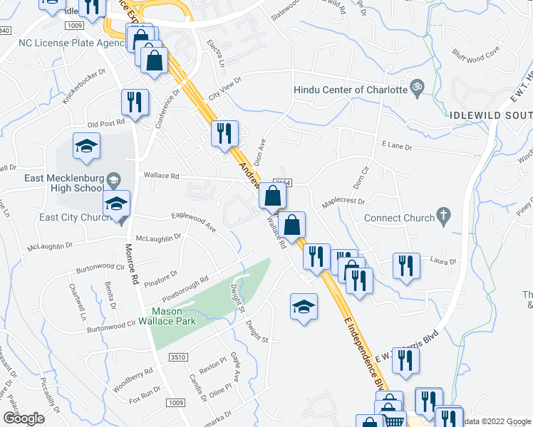 map of restaurants, bars, coffee shops, grocery stores, and more near 7316 Wallace Road in Charlotte