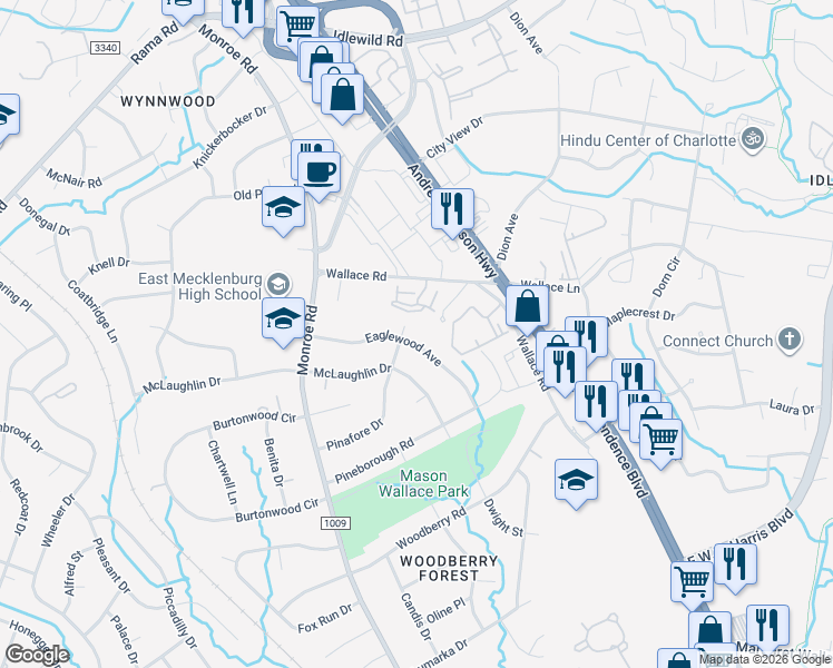 map of restaurants, bars, coffee shops, grocery stores, and more near 915 Eaglewood Avenue in Charlotte