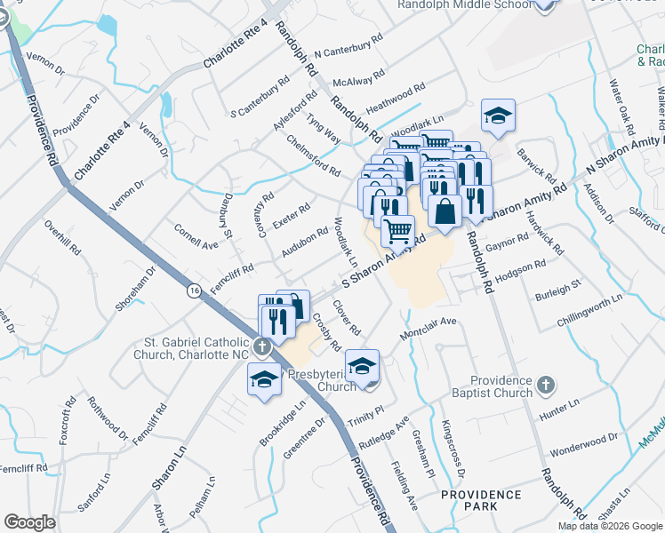 map of restaurants, bars, coffee shops, grocery stores, and more near 448 South Sharon Amity Road in Charlotte