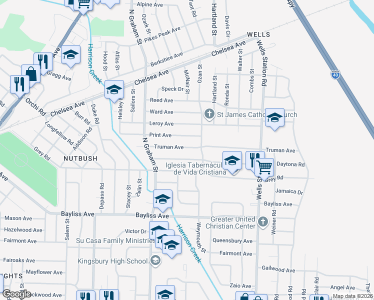 map of restaurants, bars, coffee shops, grocery stores, and more near 4101 Westover Avenue in Memphis