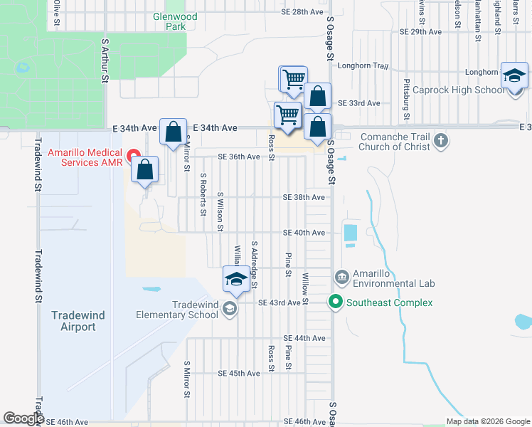 map of restaurants, bars, coffee shops, grocery stores, and more near 3818 Ross Street in Amarillo