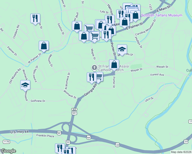 map of restaurants, bars, coffee shops, grocery stores, and more near 37-53 Georgia Road in Franklin