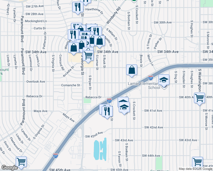 map of restaurants, bars, coffee shops, grocery stores, and more near 3610 South Austin Street in Amarillo