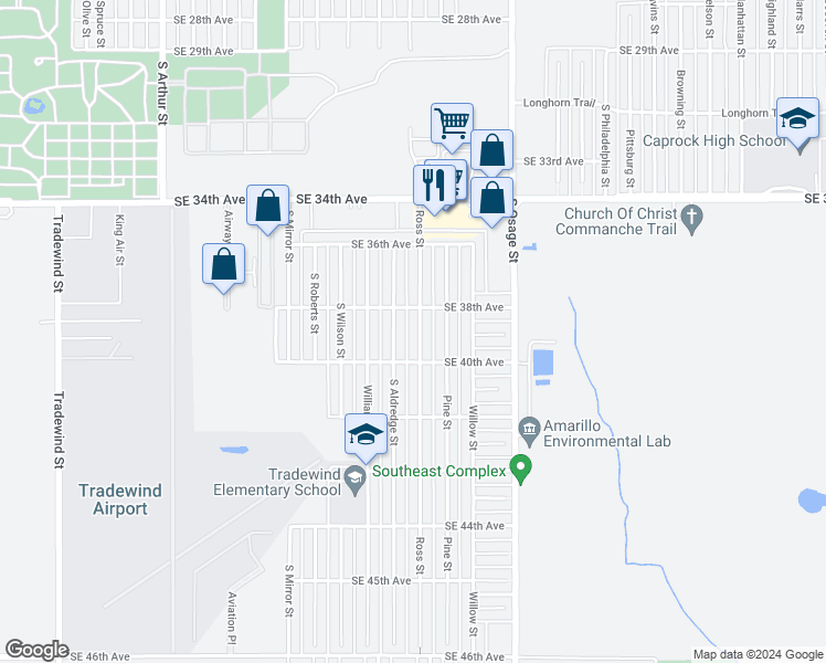 map of restaurants, bars, coffee shops, grocery stores, and more near 3808 Ross Street in Amarillo