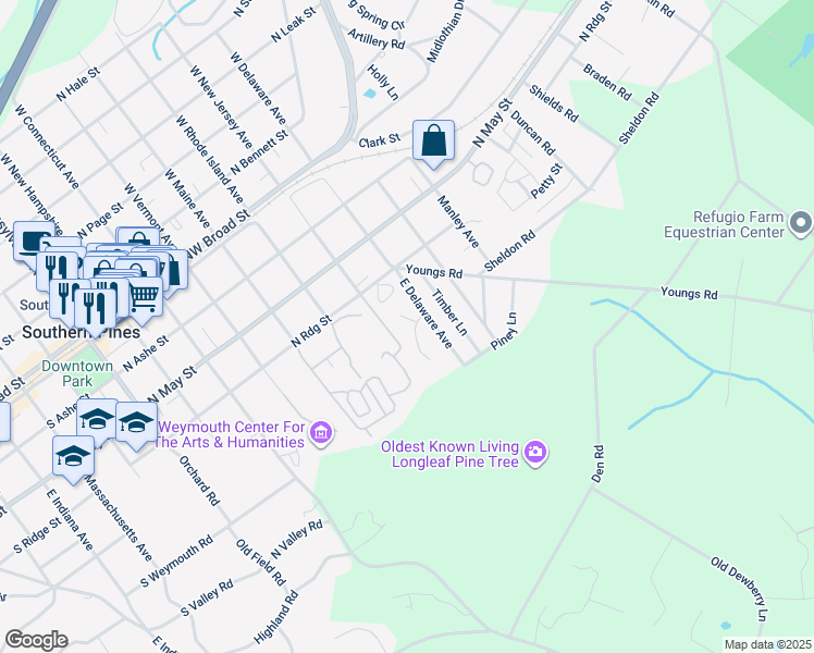 map of restaurants, bars, coffee shops, grocery stores, and more near 70 West Shibui Avenue in Southern Pines