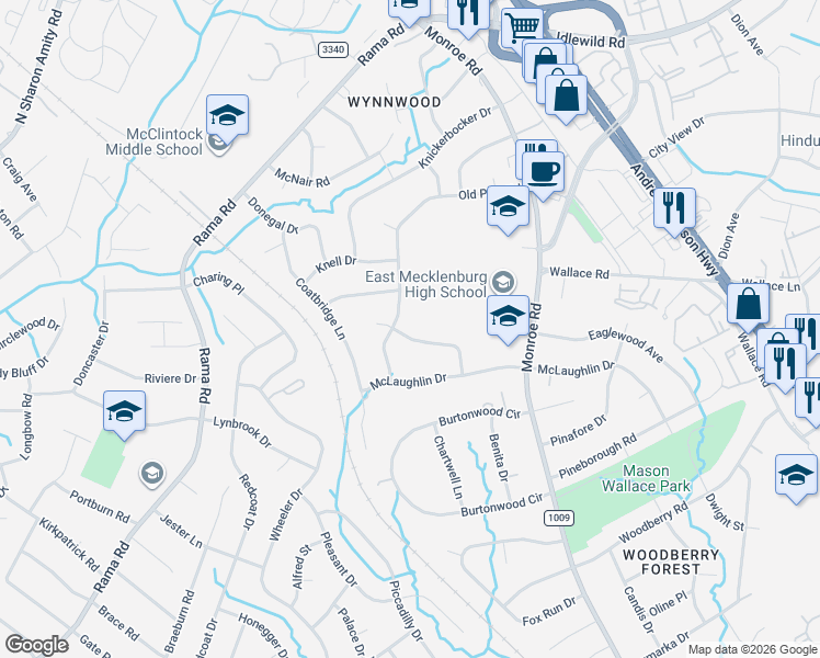map of restaurants, bars, coffee shops, grocery stores, and more near 6815 Old Post Road in Charlotte