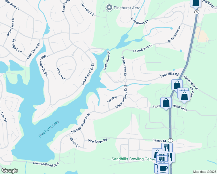 map of restaurants, bars, coffee shops, grocery stores, and more near 250 Sugar Gum Lane in Pinehurst