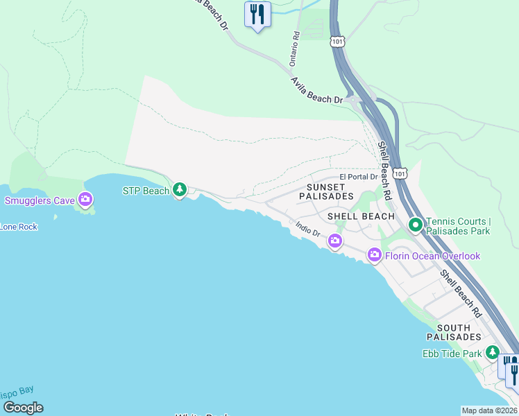 map of restaurants, bars, coffee shops, grocery stores, and more near 10 Bluff Drive in Pismo Beach